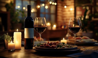 Romantic candlelit dinner setup with a bottle of wine and a plate of gourmet appetizers, styled on a rustic table with soft shadows