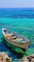Obraz premium A Timeless Tranquil Scene of a Wooden Boat in Crystal Clear Coastal Waters