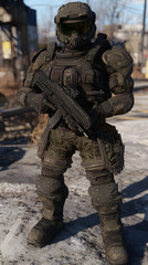 Obraz premium Armored soldier in tactical gear with weapon posed in urban environment 
