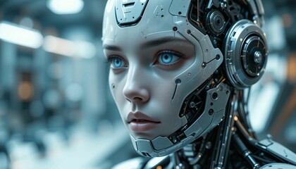 Fototapeta premium Mechanical Humanoid with Futuristic Cyber Enhancements. , close up portrait of a man with a mask