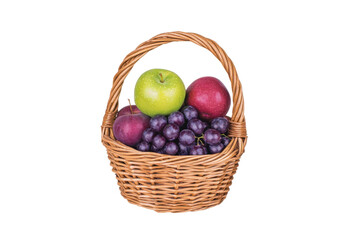 Fresh fruit basket with green apple, red apple, purple grapes, and plums, showcasing vibrant colors and healthy choices. Perfect for nutritious snack or decoration