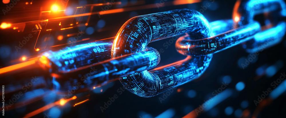 Poster close-up of a digital chain link with glowing blue and orange lines, symbolizing blockchain technolo