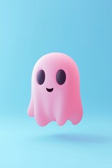 Fototapeta premium Cute pink ghost character floating against a light blue background with a playful expression, perfect for Halloween themes or children's designs