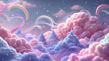 A vibrant, dreamy holographic fantasy background with soft, whimsical clouds, scattered stars, and delicate wispy strands that shimmer in shades of pastel pink, blue, and purple