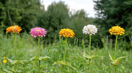 Fototapeta premium Row of colorful zinnia flowers blooming in a grassy field under natural daylight.