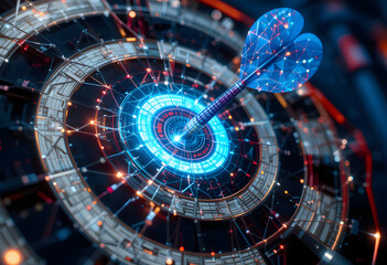 Arrows stuck in digital circuit targets. Concept of achieving goals