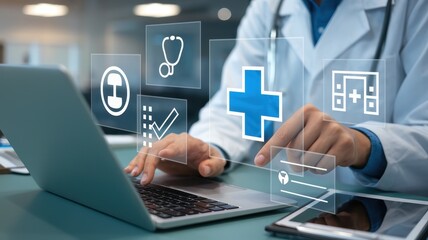 Doctor interacting with medical icons on laptop touch screen