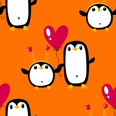Valentines cute animals in love seamless penguin and heart pattern for 14 February wrapping paper and fabrics