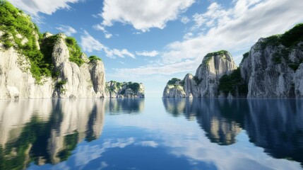 Serene Island Views: Majestic Coastal Rocks Reflecting in Azure Waters