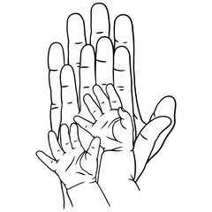 Black and white vector illustration of an adult hand and two baby hands symbolizing love, protection, and family bonds. Perfect for tattoos, prints, parenting themes, and emotional, heartfelt designs.