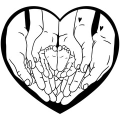Black and white vector illustration of family hands gently holding tiny baby feet, symbolizing love, care, and protection. Perfect for tattoos, prints, parenting themes, and heartwarming, emotional 