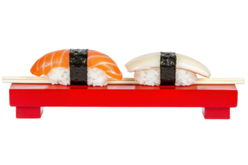 Sushi on red wooden plate with chopsticks, featuring salmon and white fish. delightful presentation of traditional Japanese cuisine