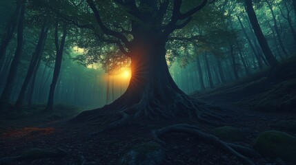 In a misty forest, a lone majestic ancient deciduous tree, with sprawling roots and twisted branches, dominates the lush greenery