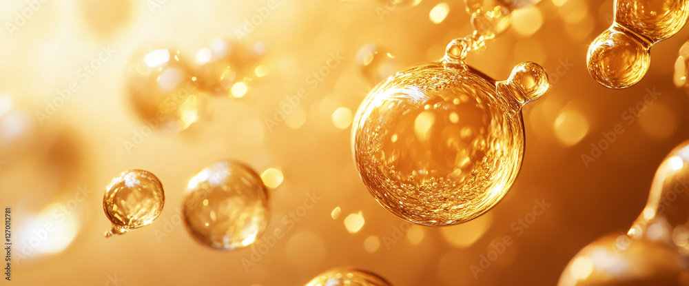 Poster Close-up of glowing bubbles floating in golden light, creating a dreamy and abstract atmosphere, symbolizing joy, celebration, and the beauty of light and reflection.