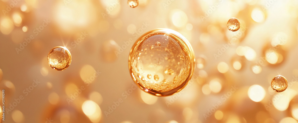 Poster Close-up of floating soap bubbles in golden light, creating a dreamy, soft atmosphere. The image symbolizes beauty, lightness, and the delicate nature of bubbles.