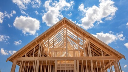 Fototapeta premium Wooden beams and timber studs are being used to construct the frame of a future residential building in Tarneit, Melbourne