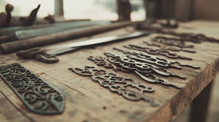 Rusty metal tools and decorative pieces on wooden workbench