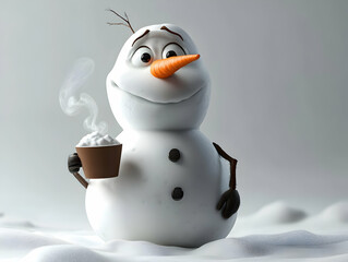 Worried snowman holding a warm drink in a snowy landscape during winter sunshine