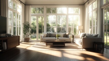Fototapeta premium Sunny living room with garden view, interior design, relaxing atmosphere, potential for use in real estate or interior design catalogs