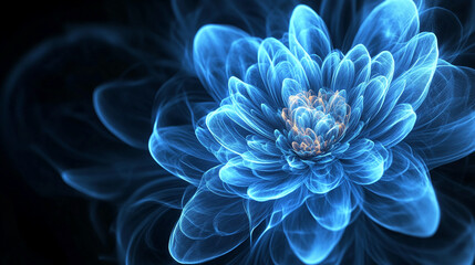 Glowing blue digital flower with luminous petals, abstract futuristic design representing nature and technology blending together in harmony, showcasing neon-like light effects.