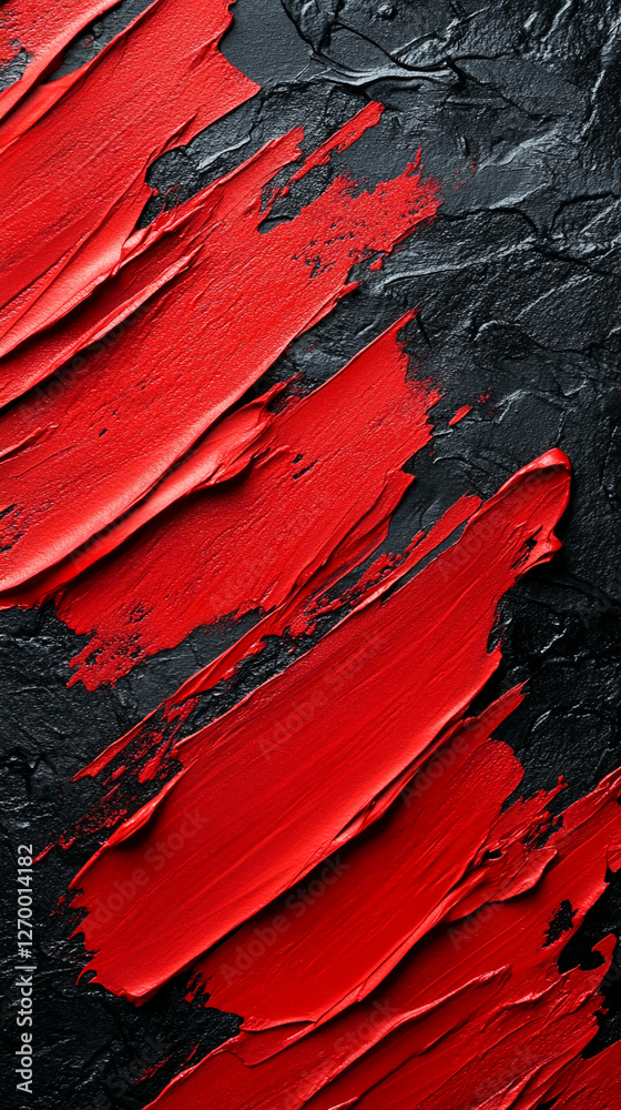 Poster Close-up of vibrant red brushstroke pattern on a black background, showcasing bold artistic expression and contrasting colors in an abstract, dynamic composition.