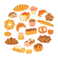 Bread Pastry Bakery products Cartoon hand drawn set. Various Loaf Bun Roll, French Baguette Croissant, Bagel, Pie, Cinnamon Roll, Wheat Rye Bread. Menu Bakery Pastry Textured art Vector illustration