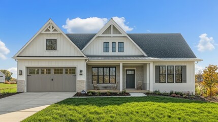 Beautifully composed, the exterior of the white modern house displays a unique blend of farmhouse and cottage styles, combined with transitional and classic architecture, nestled on a front lawn with