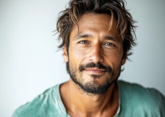 Fototapeta premium A smiley, bearded Indian man in his 30s is isolated on a white background while looking into the camera