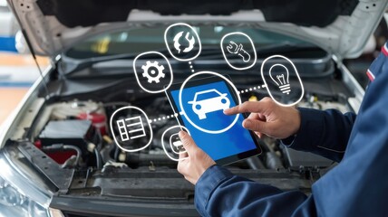 Mechanic using a tablet for car diagnostics and maintenance