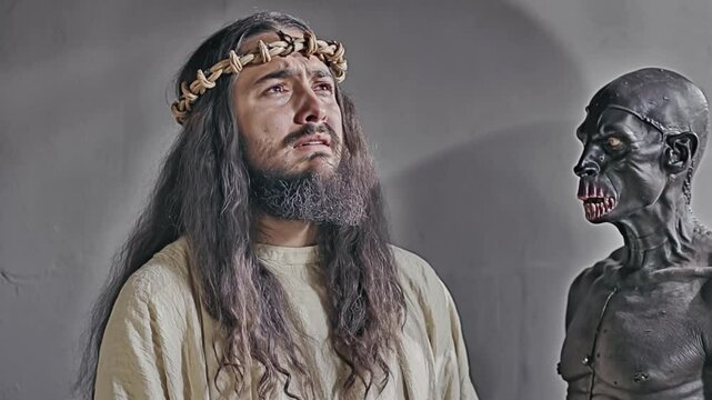 Suffering Jesus Praying with the Devil Beside Him. The Last Temptation of Christ
