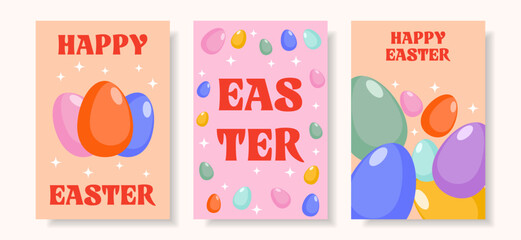 Happy Easter Set of greeting cards, posters, covers. Trendy design with typography and eggs in trendy pastel colors.