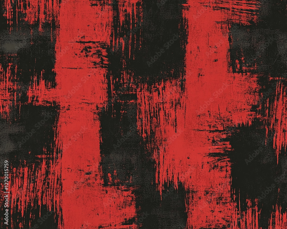 Poster close-up view of a seamless red and black abstract brushstroke pattern, showcasing bold strokes and 