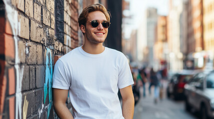 Confident young man on urban street with relaxed posture and sunglasses