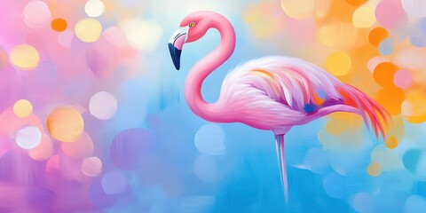 Obraz premium Pink Flamingo Standing Against Colorful Bokeh Background