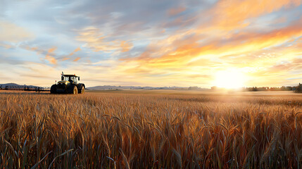 Fototapeta premium tranquil countryside scene featuring tractor in golden wheat field at sunset, evoking sense of peace and agricultural beauty
