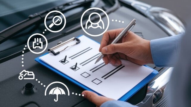 Person is completing a car insurance inspection checklist document