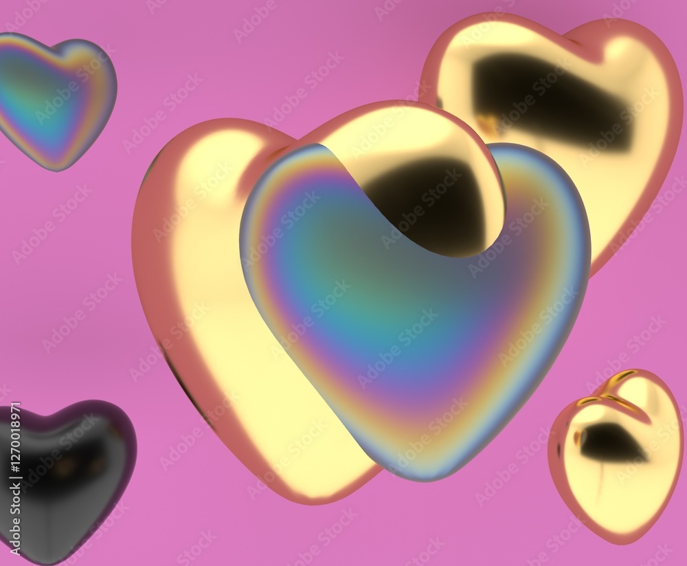 Poster 3d illustration of metallic hearts in black, gold, and iridescent hues floating against a pink backg