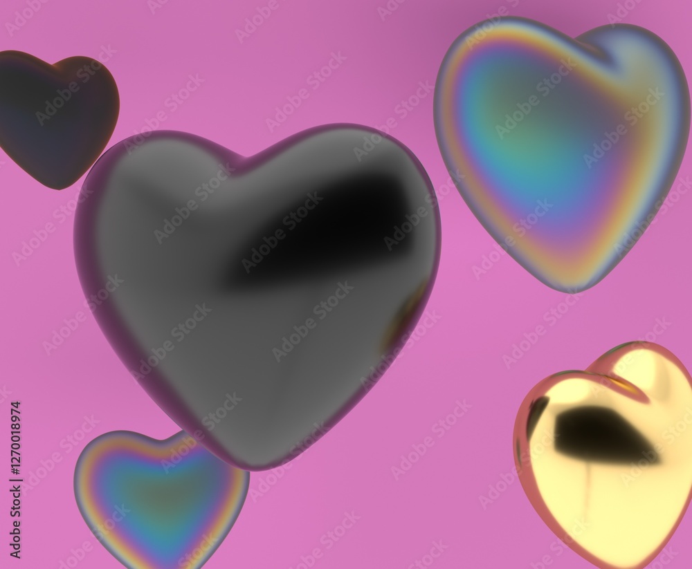 Poster 3d illustration of metallic hearts in black, gold, and iridescent hues floating against a pink backg