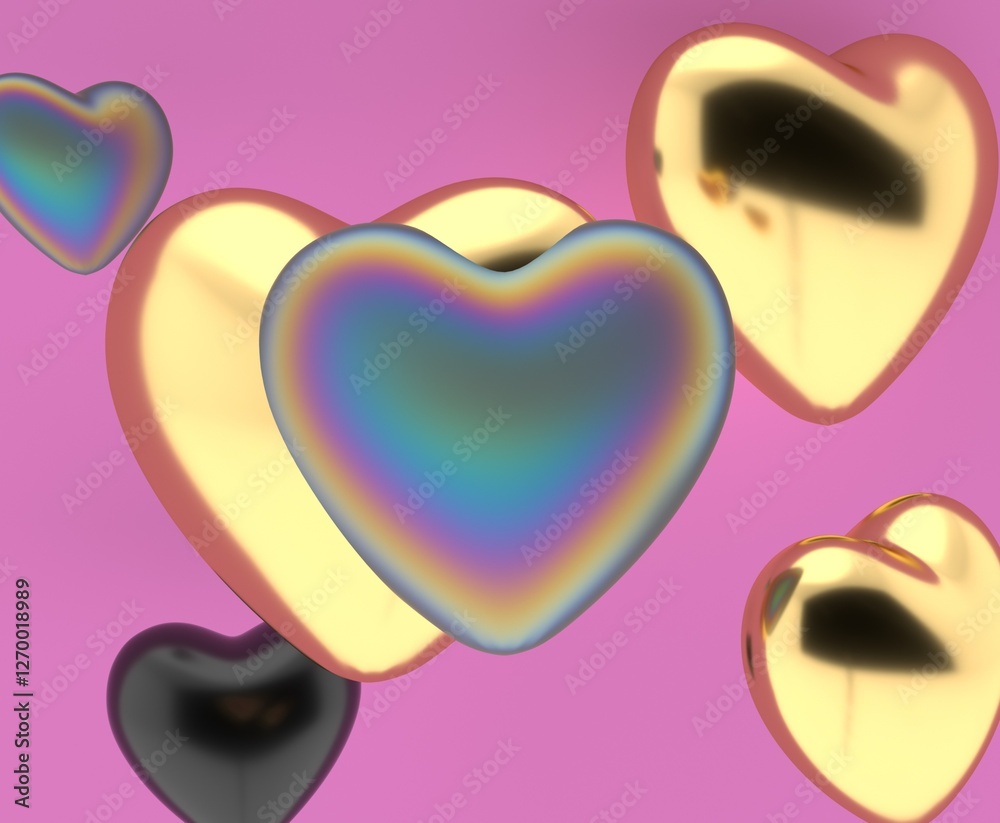 Poster 3d illustration of metallic hearts in black, gold, and iridescent hues floating against a pink backg