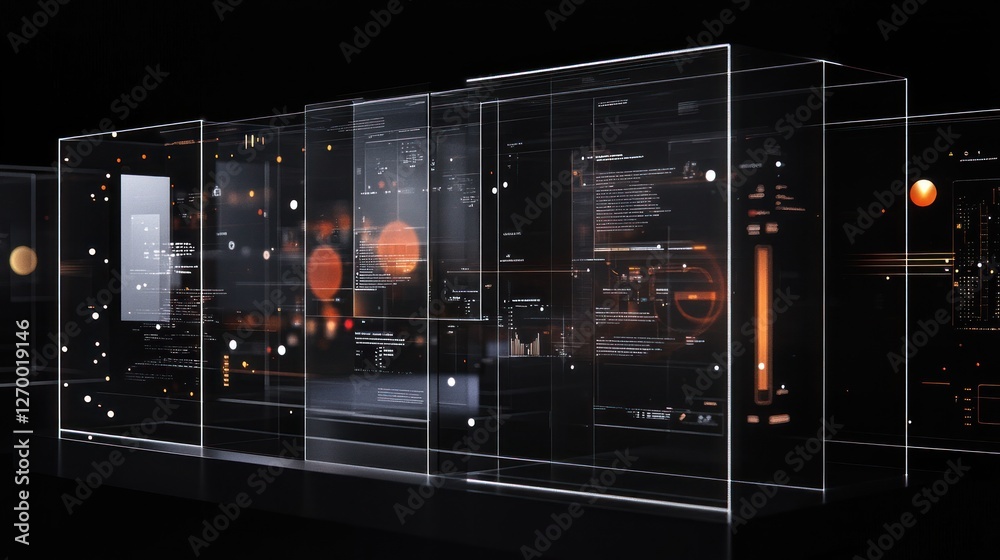 Poster abstract data visualization: transparent screens displaying complex information