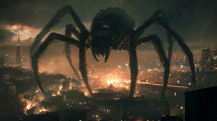 Giant mechanical spider descending over a city at night. Mechanical Spider Cities. Illustration