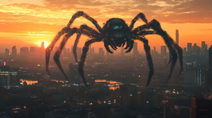 Massive mechanical spider hovers over a city at sunset. Mechanical Spider Cities. Illustration