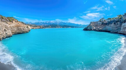 Fototapeta premium Turquoise cove beach, mountains backdrop, summer vacation