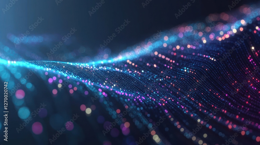Poster abstract digital waveform background with glowing particles and bokeh effect