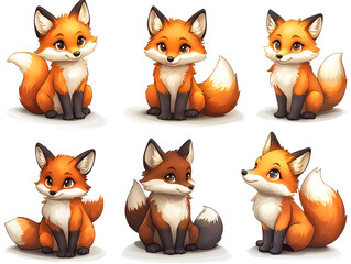 Fototapeta premium Cute Vector Fox With Bright Orange Fur and Expressive Blue Eyes Sits Playfully on a White Background