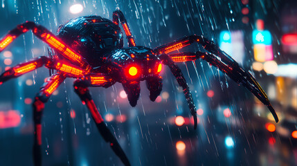 A close-up view of a futuristic cybernetic spider glowing in the rain, a cyberpunk inspired digital art piece. Mechanical Spider Cities. Illustration
