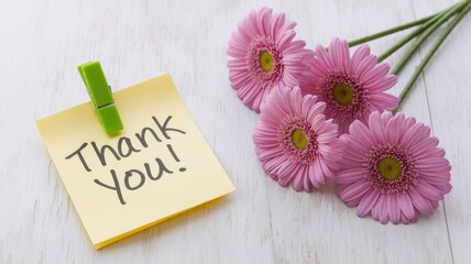 A thank you note and flowers are presented beautifully
