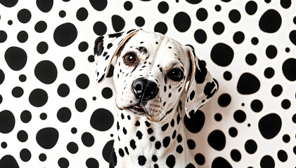 black and white dog with background with dots