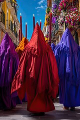 Nazarenos walking in procession during holy week in spain.