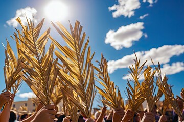 Faithful crowd holding golden palm leaves during palm sunday celebration.
